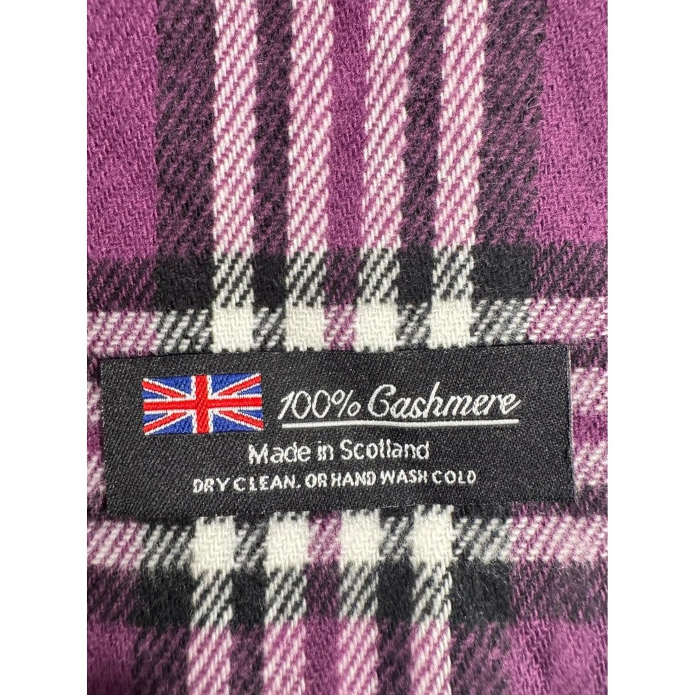 100% Cashmere luxurous Plaid Scarf Scotland made Purple Black White Red Fringe